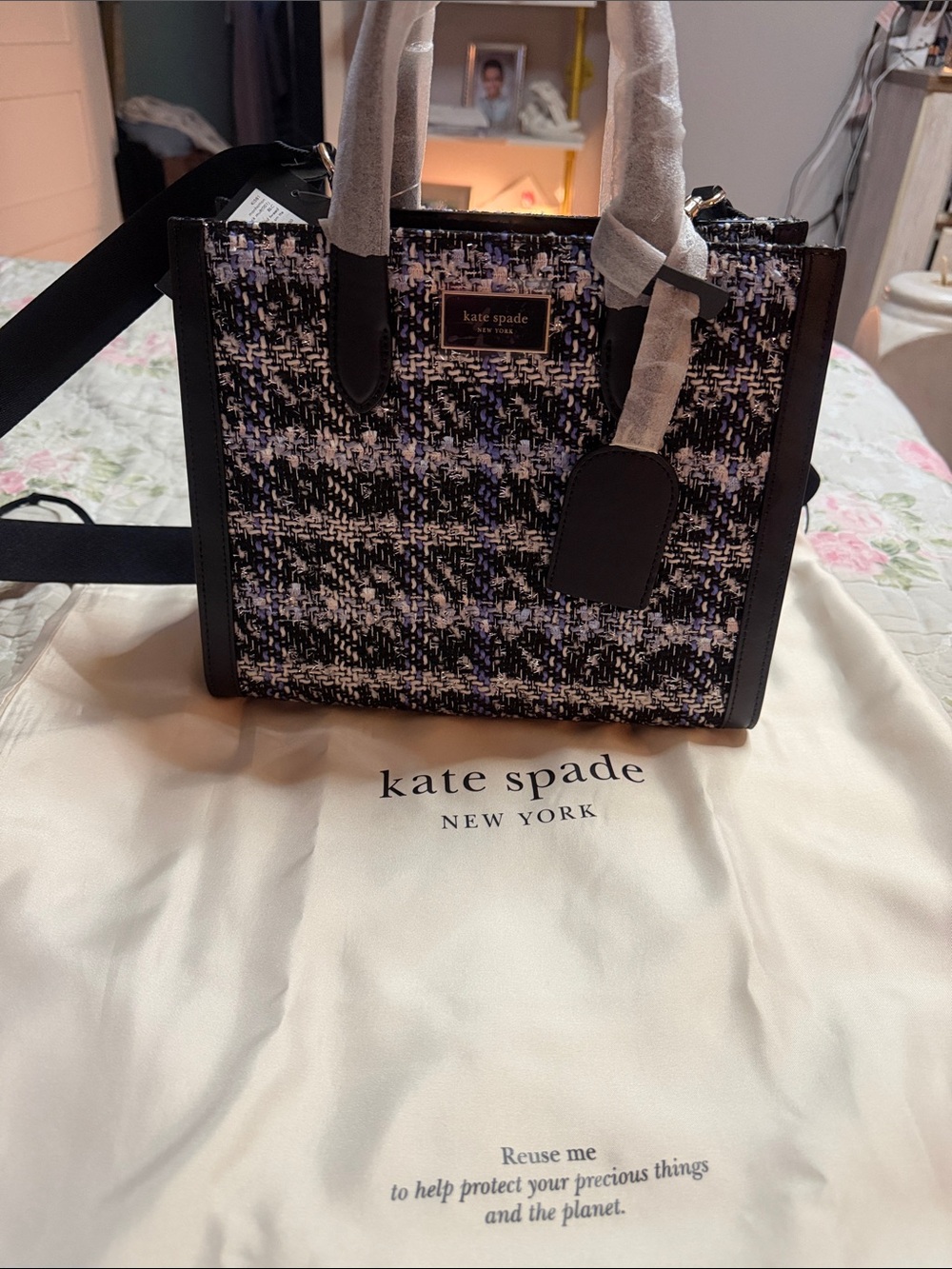 NWT Kate Spade KI581 Manhattan Plaid Tweed Small Tote Black Multi